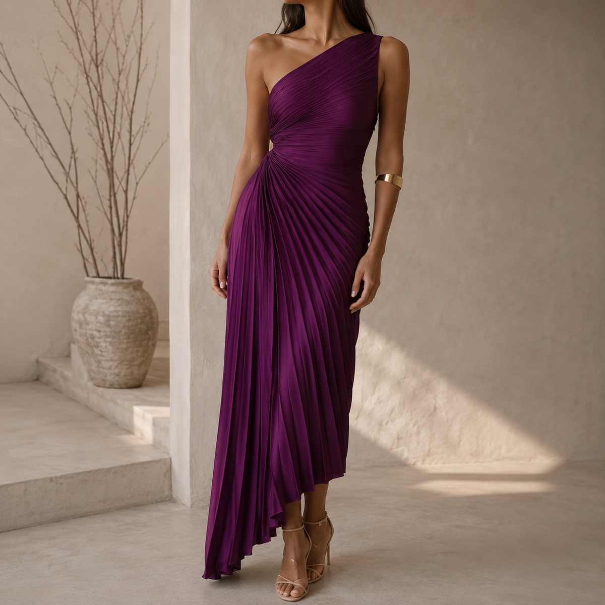 VESTIDO PLISIADO DE UN SOLO HOMBRO